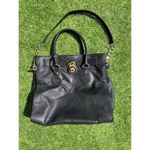 Michael Kors Hamilton Black Large Satchel Handbag With Lock and Key Chain Strap